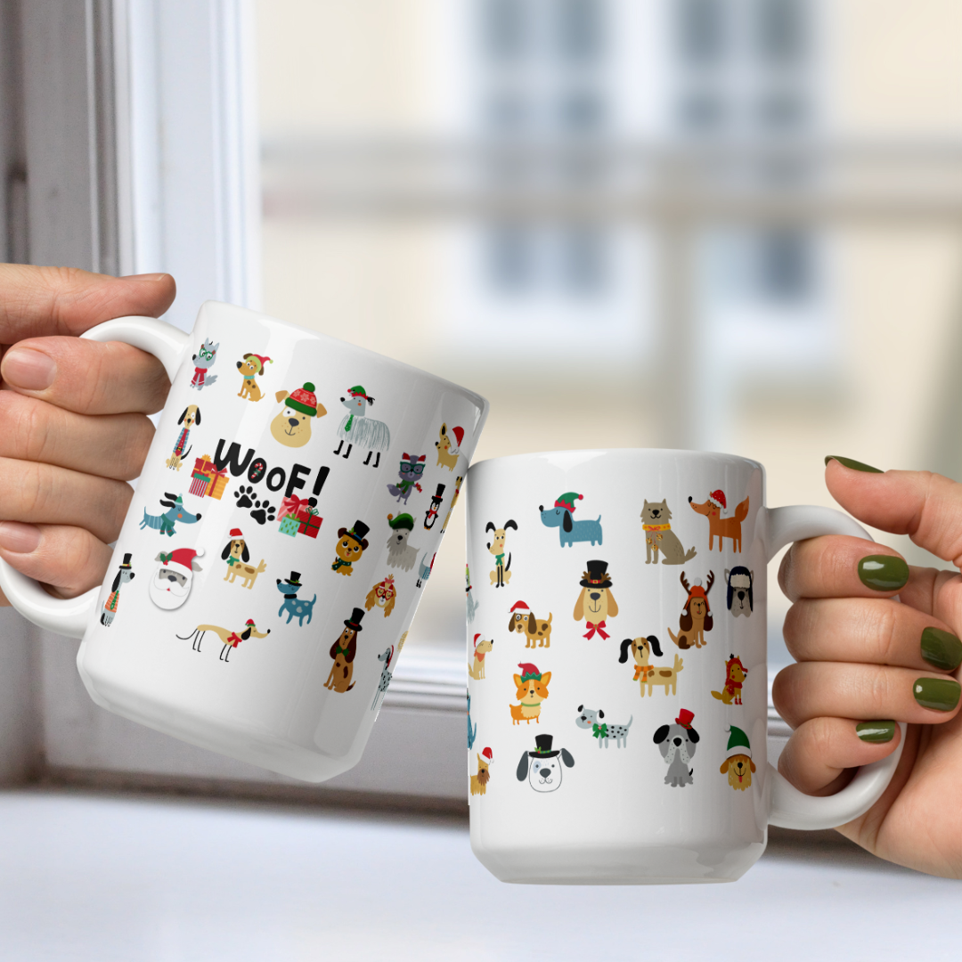 Two mugs with dog-themed designs held by hands in front of a window.