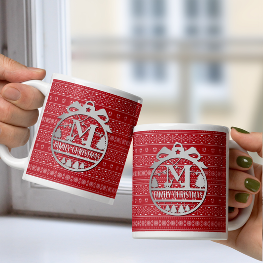 Monogram Custom Message Christmas White Mug - Red White Knit