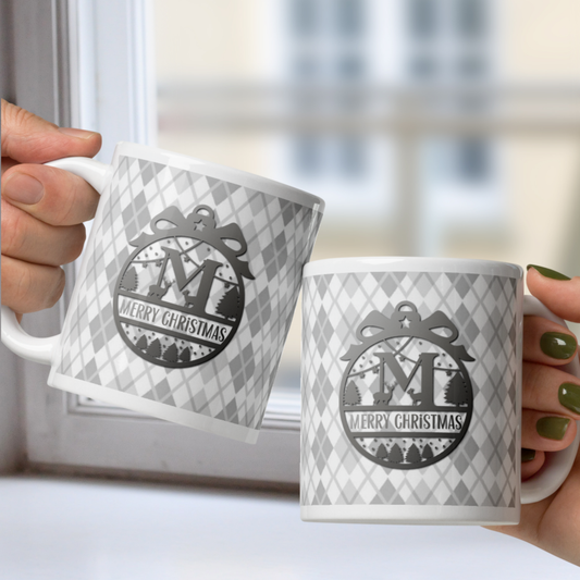 Monogram Custom Message Christmas White Mug - Grey Argyle