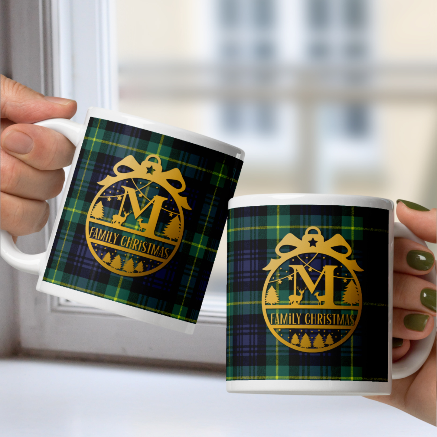 Monogram Custom Message Christmas White Mug - Green Plaid