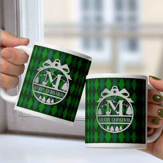 Monogram Custom Message Christmas White Mug - Green Argyle