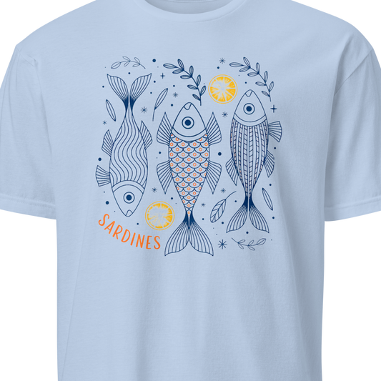 Light blue t-shirt with fish design and 'Sardines' text