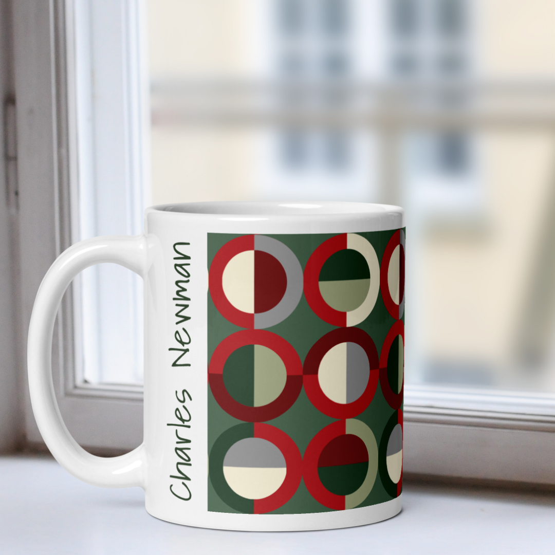 Mug with geometric pattern and text on a blurred indoor background