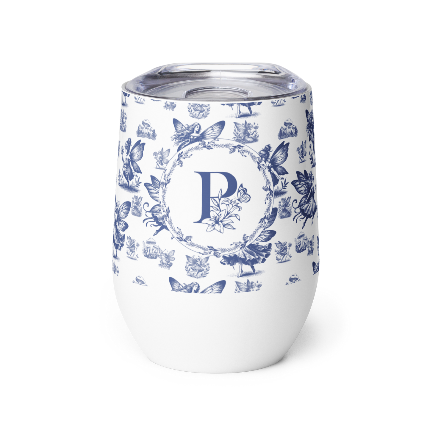 White tumbler with blue floral and butterfly pattern on a white background