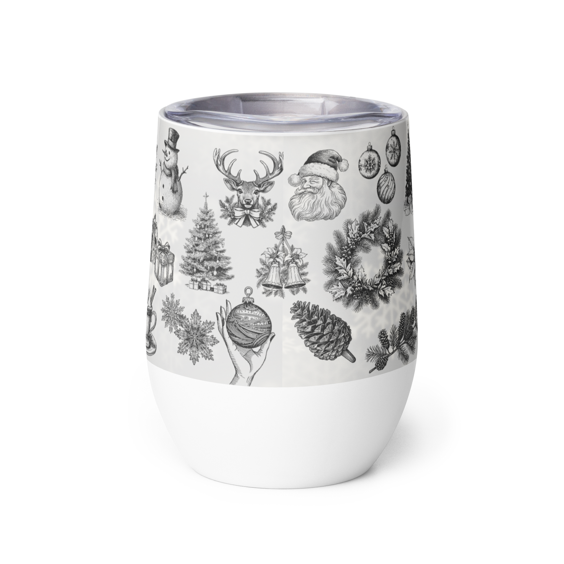 White tumbler with black Christmas-themed illustrations on a white background