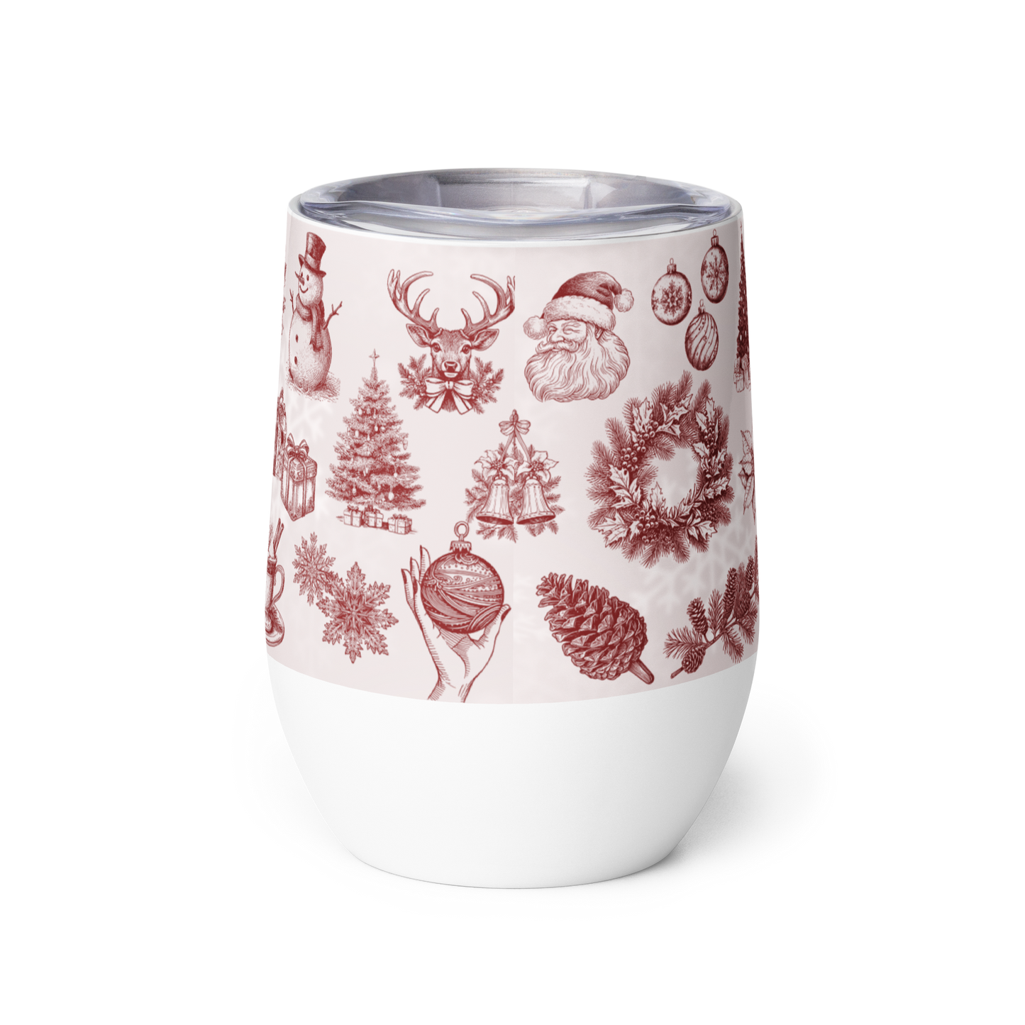 White tumbler with red Christmas-themed pattern on a white background