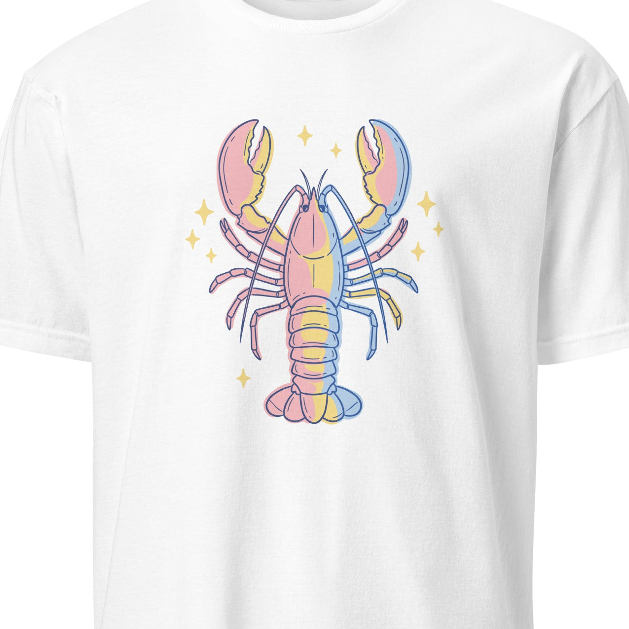White t-shirt with a colorful lobster design