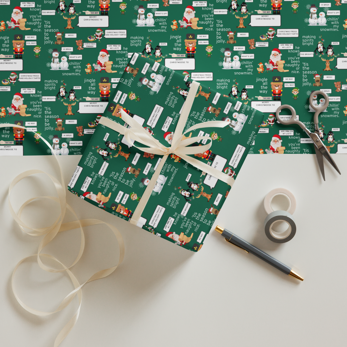 Gift wrapped in green paper with festive design, ribbon, scissors, and tape on a white surface.