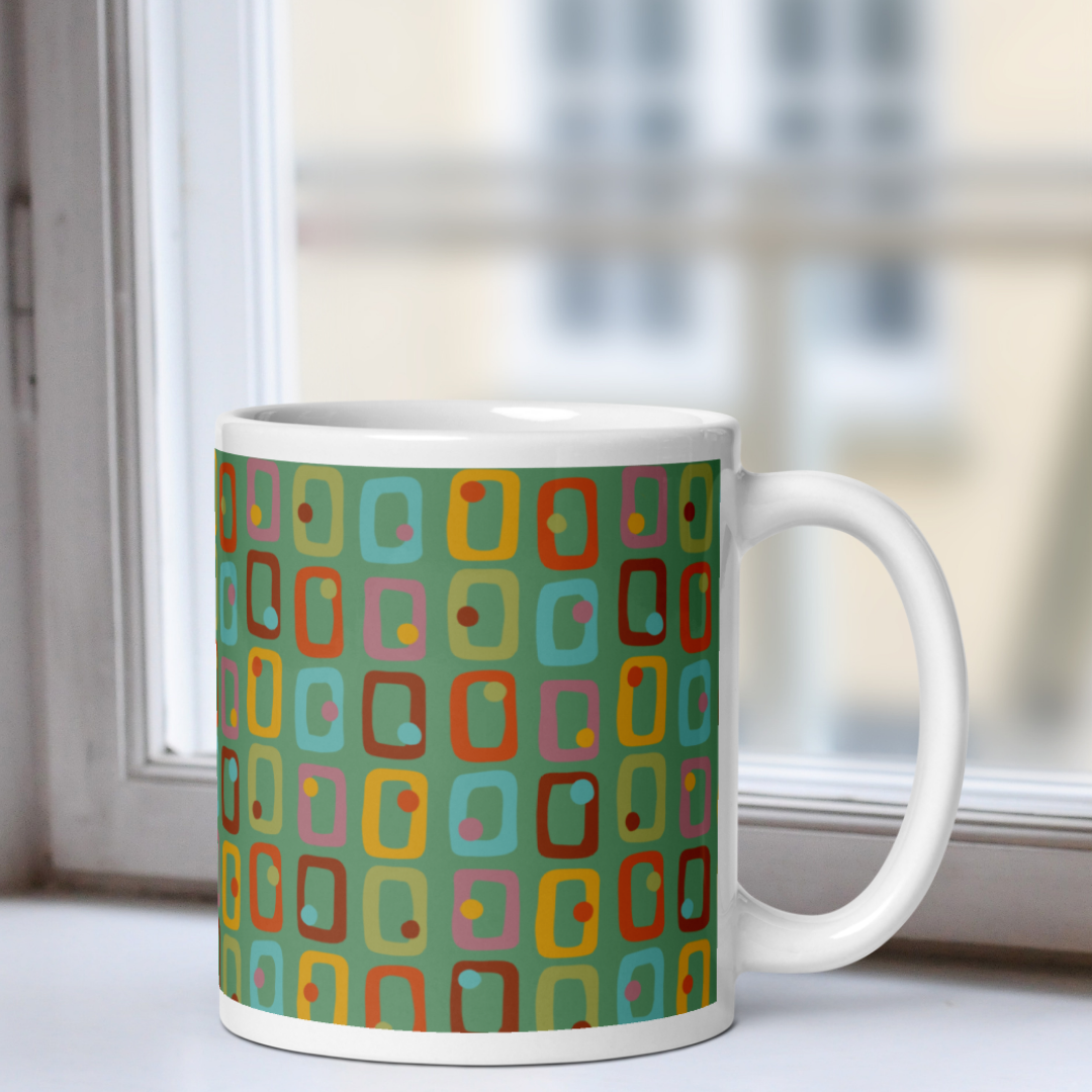 Retro Rectangles White Mug - Happy Hour