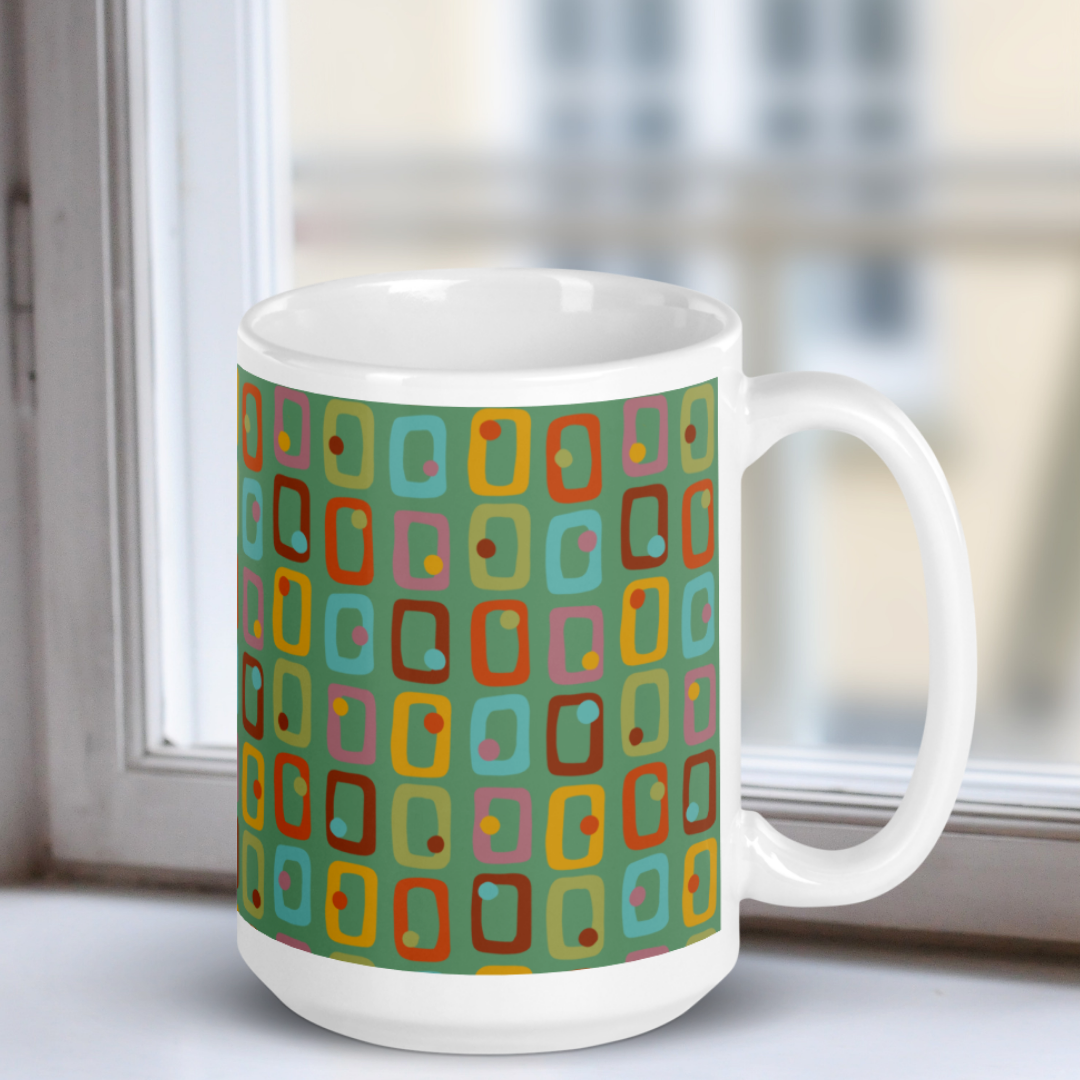 Retro Rectangles White Mug - Happy Hour