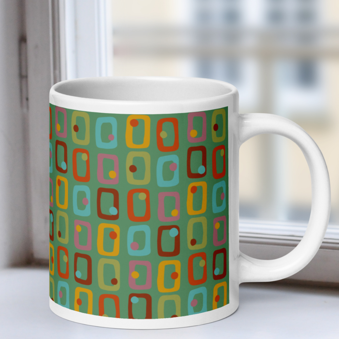 Retro Rectangles White Mug - Happy Hour