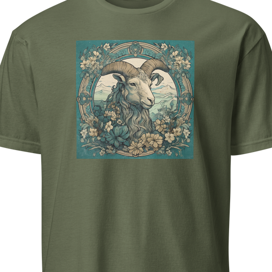 Green t-shirt with a graphic of a ram and floral design