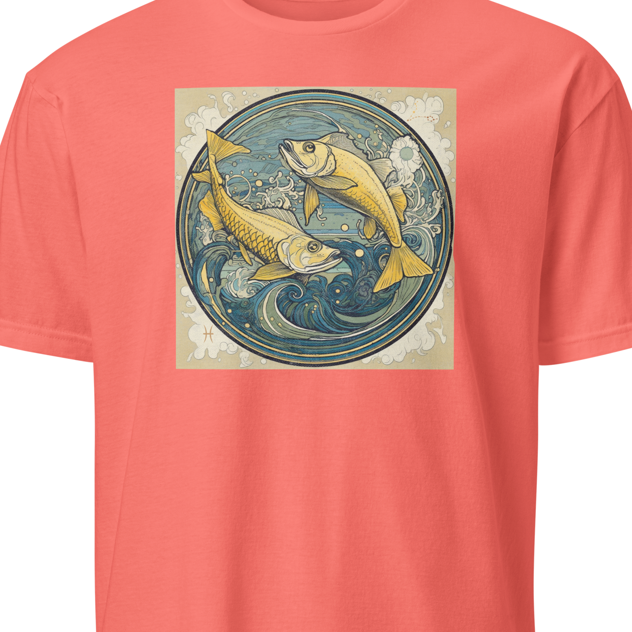 Coral t-shirt with a graphic of two fish in a circle design