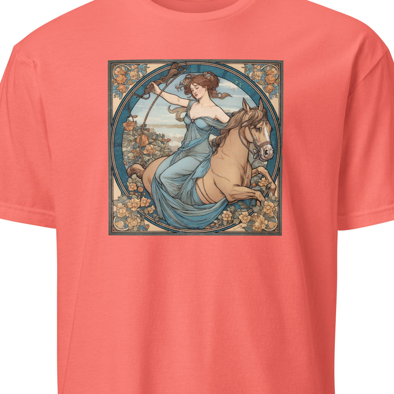 Coral t-shirt with a graphic of a woman on a horse in a decorative frame.