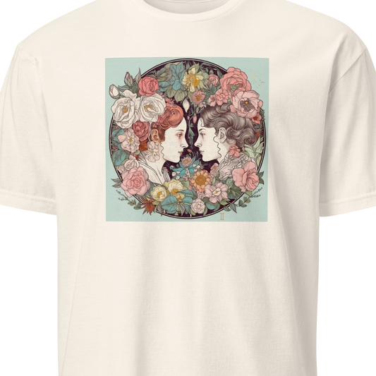 T-shirt with a graphic of two women's faces surrounded by flowers on a white background