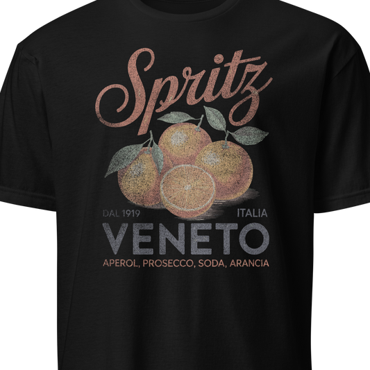 Black t-shirt with 'Spritz Veneto' graphic design featuring oranges