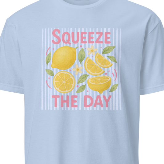 Light blue t-shirt with lemon graphic and text 'Squeeze The Day'