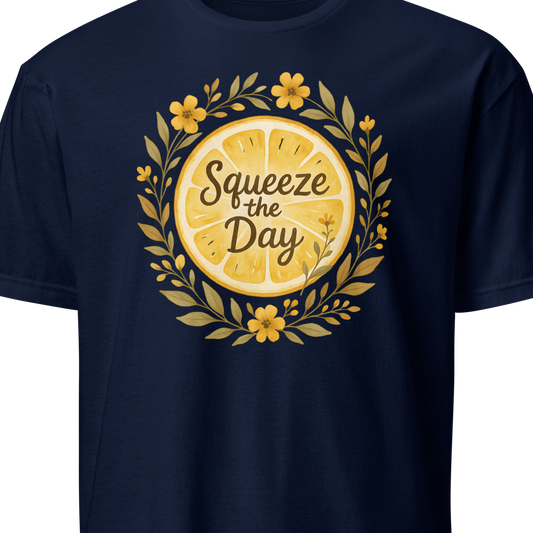 Navy blue t-shirt with a lemon graphic and 'Squeeze the Day' text