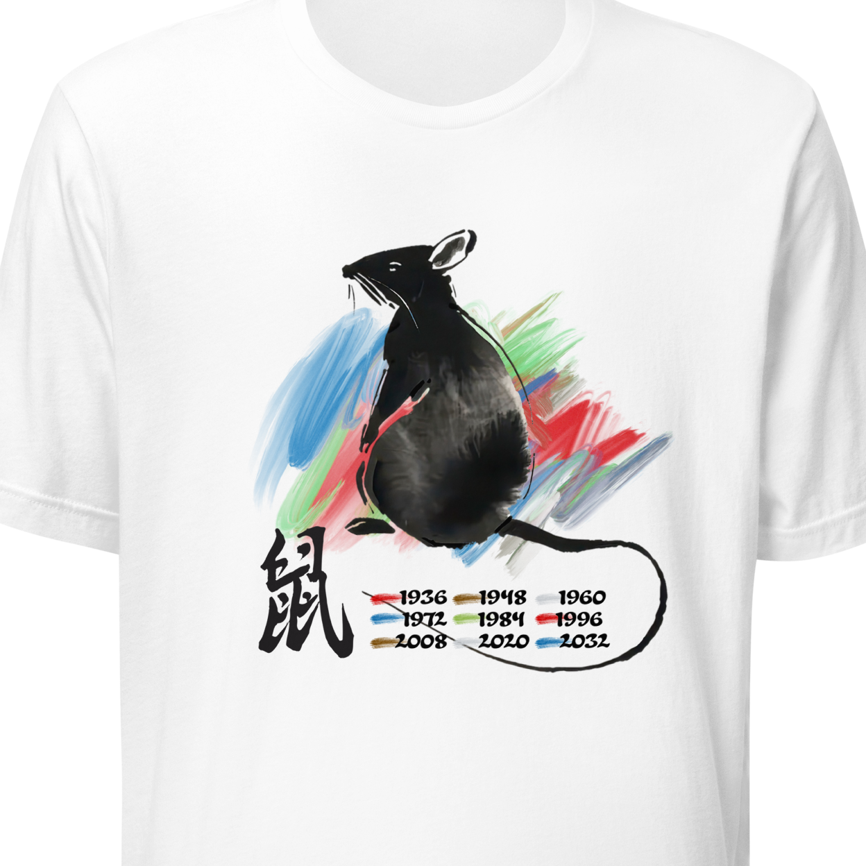 White t-shirt with a colorful rat illustration and Chinese characters on a white background