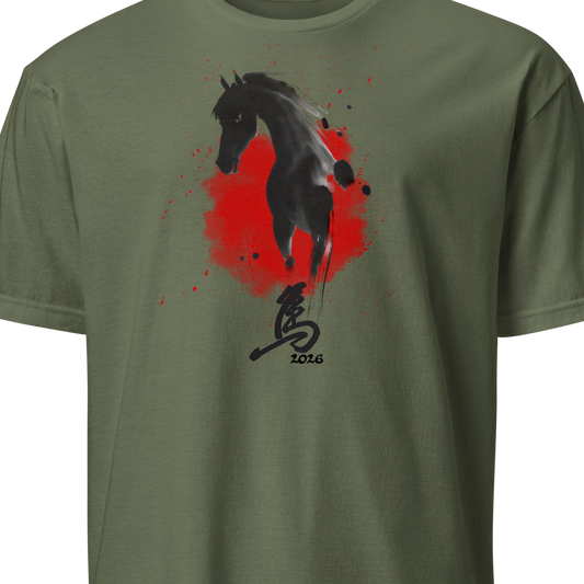 Green t-shirt with a horse graphic and red splash
