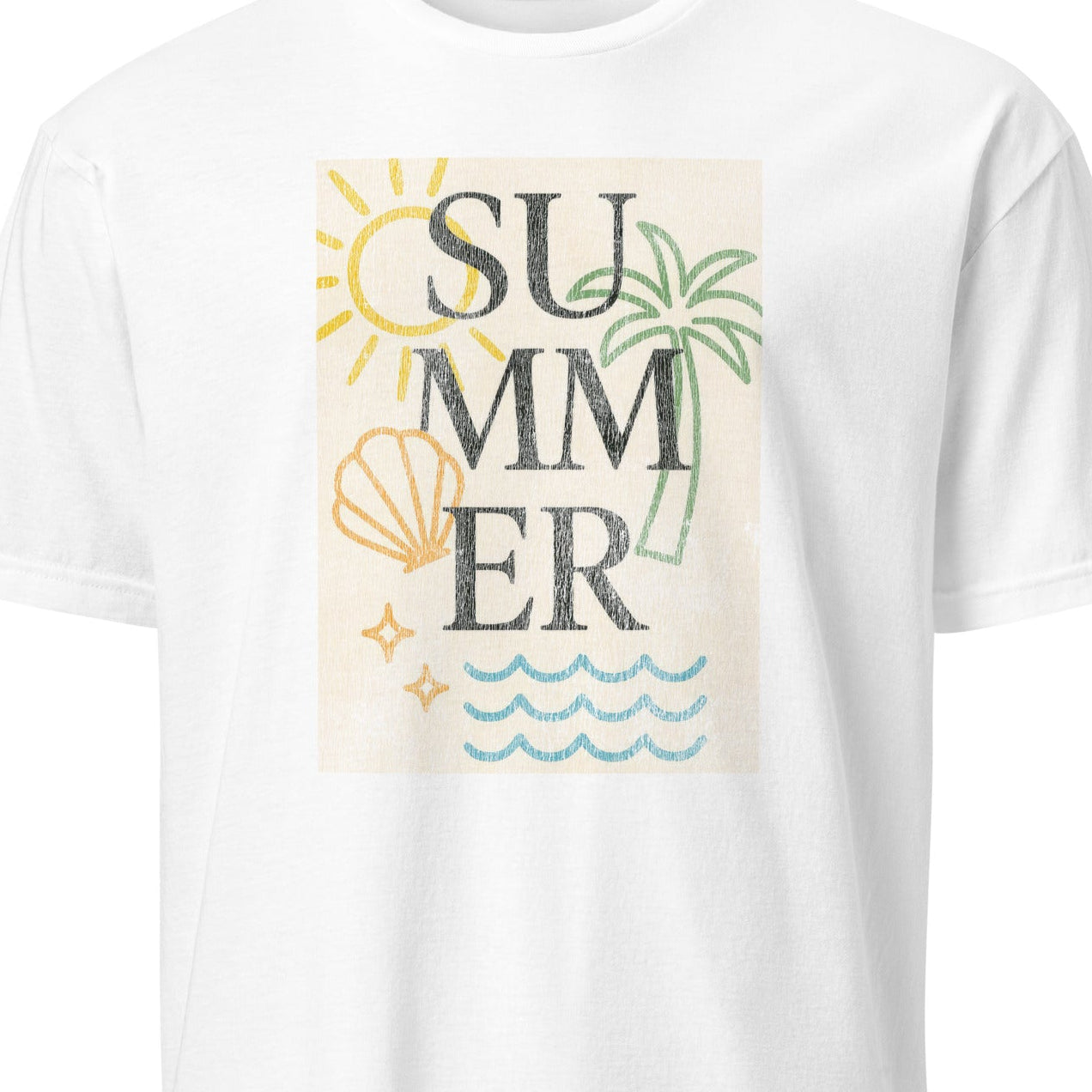 White t-shirt with 'Summer' graphic design featuring sun, palm tree, shell, and wave