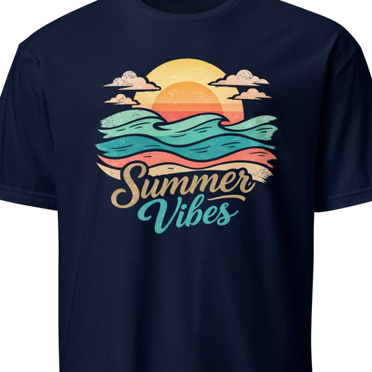 Navy blue t-shirt with 'Summer Vibes' graphic design