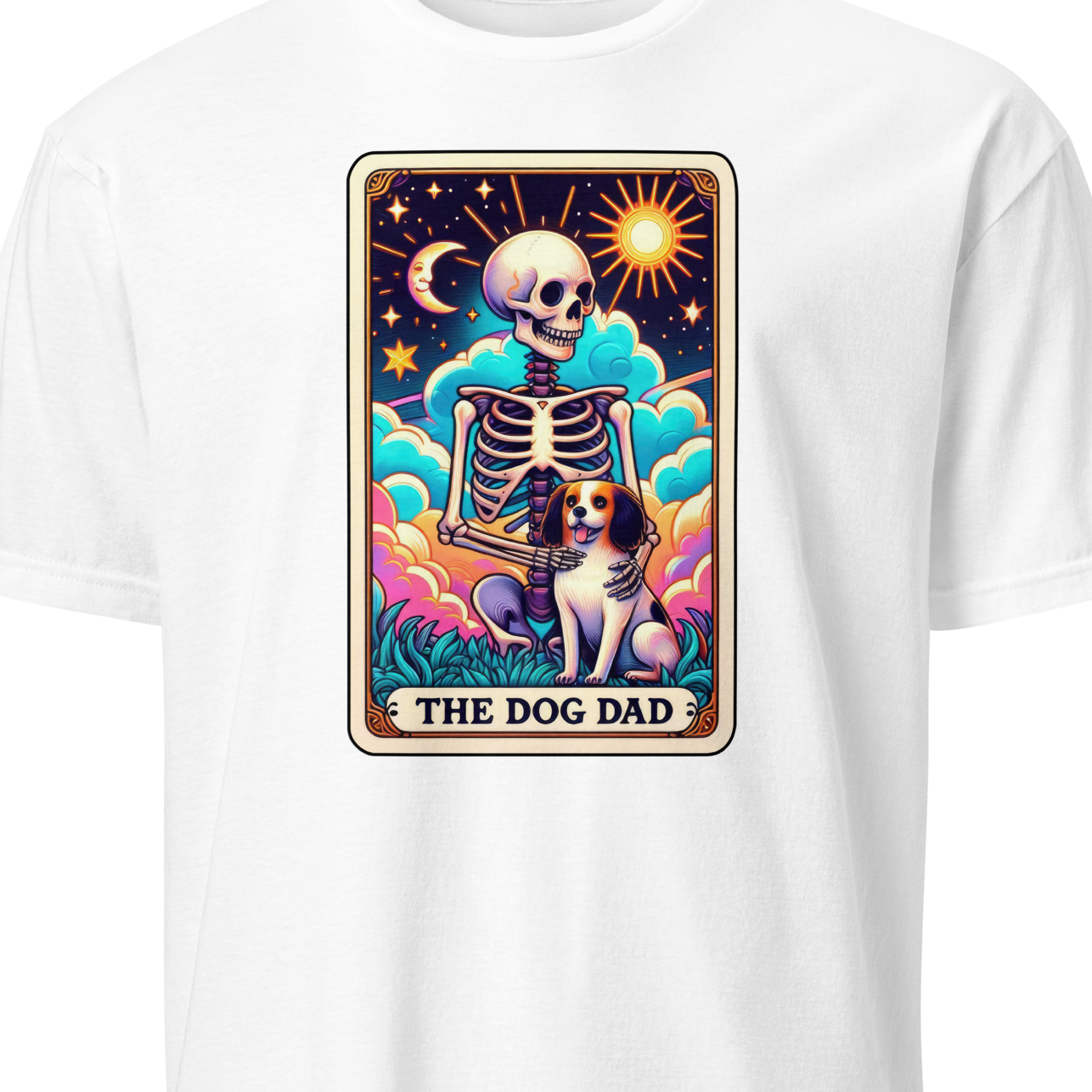 White t-shirt with a colorful graphic of a skeleton and dog, labeled 'The Dog Dad'