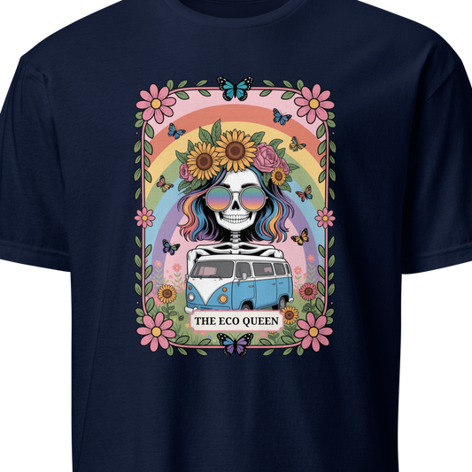 Navy blue t-shirt with a colorful graphic design featuring a van and floral elements