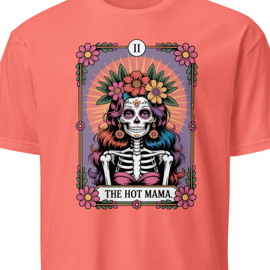 Coral t-shirt with a colorful skeleton design and 'The Hot Mama' text