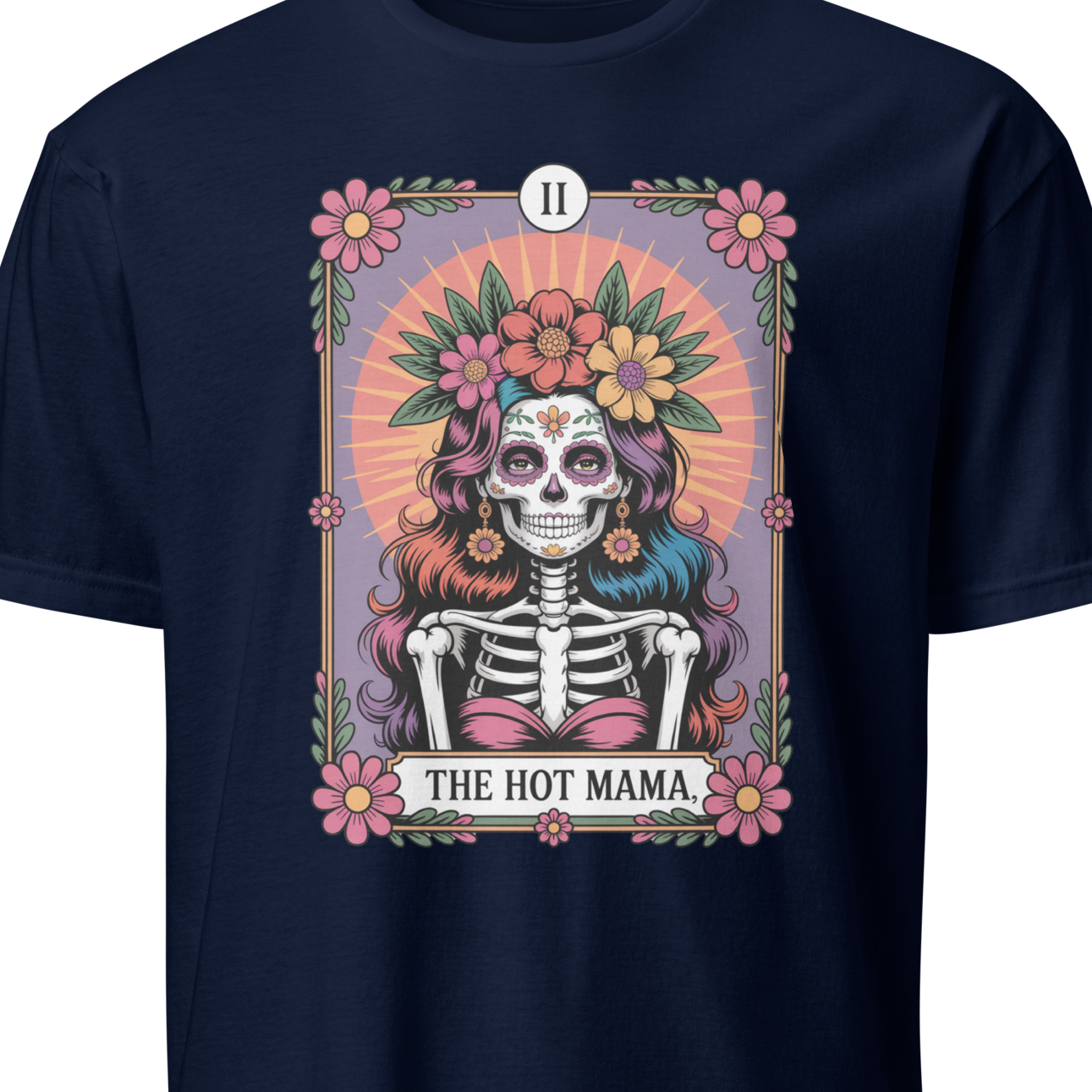 Navy blue t-shirt with a colorful skeleton design and 'The Hot Mama' text