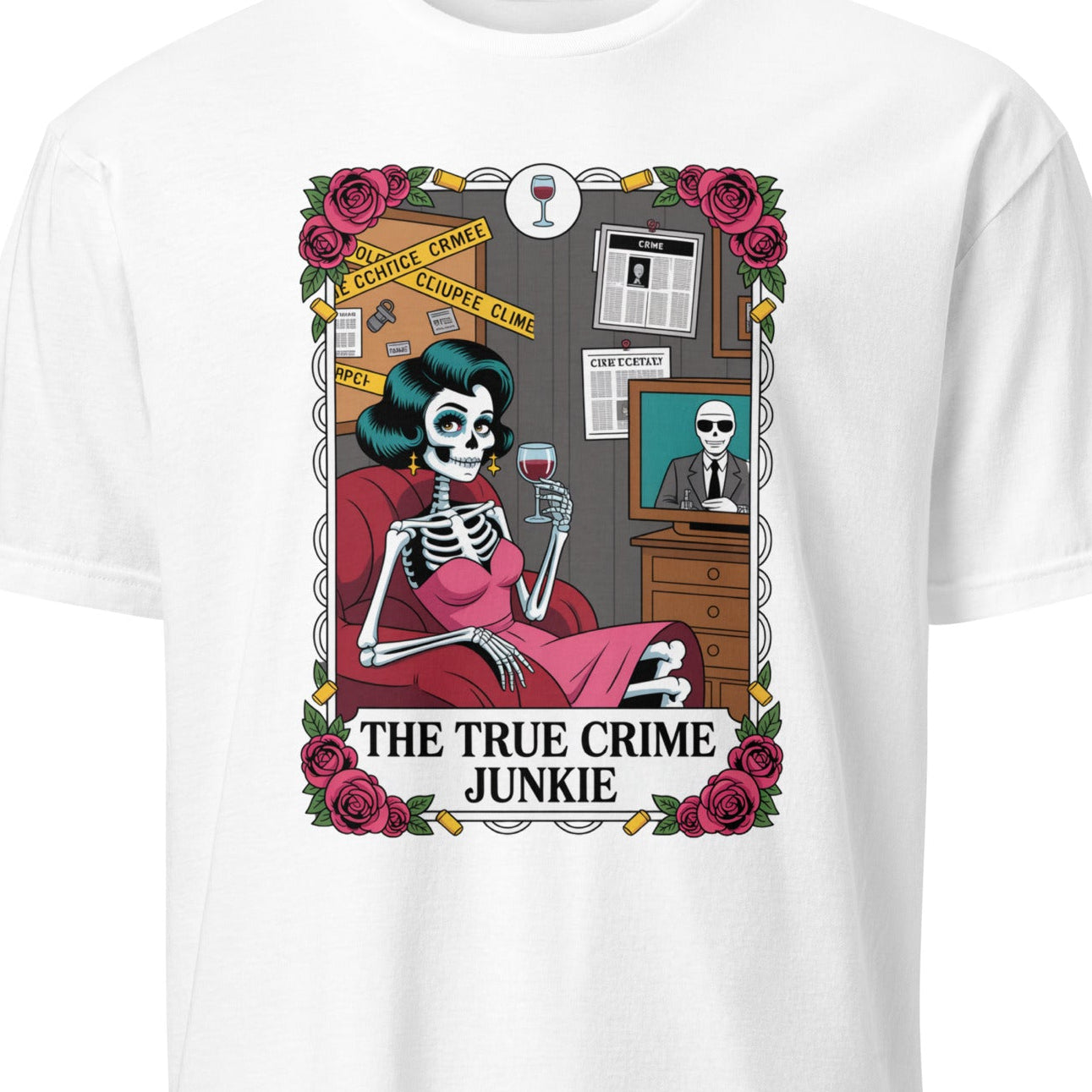 White t-shirt with a graphic design of a skeleton and text 'The True Crime Junkie'
