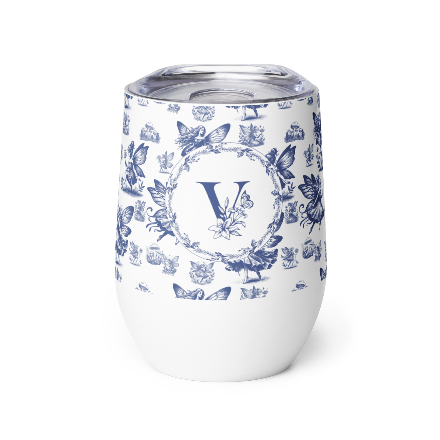 White tumbler with blue floral and butterfly pattern and letter 'V' on a white background