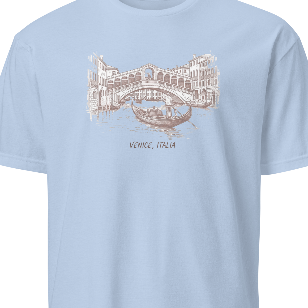 Light blue t-shirt with a graphic of the Rialto Bridge and gondola in Venice, Italy.