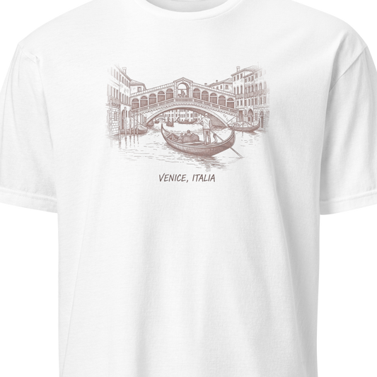 White t-shirt with a graphic and text on a white background