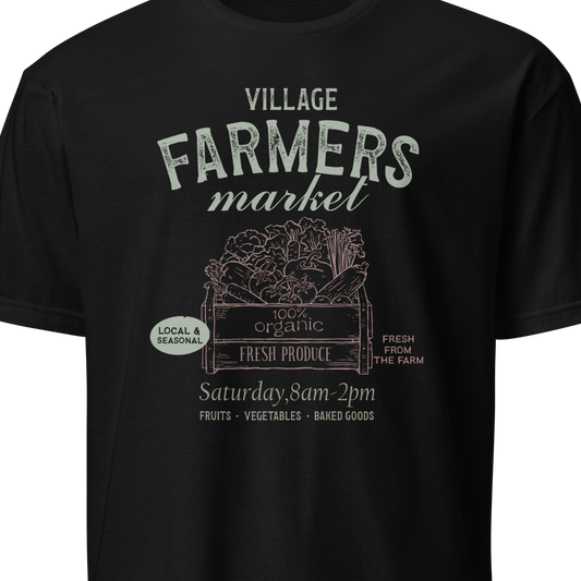 Black t-shirt with 'Village Farmers Market' graphic and text