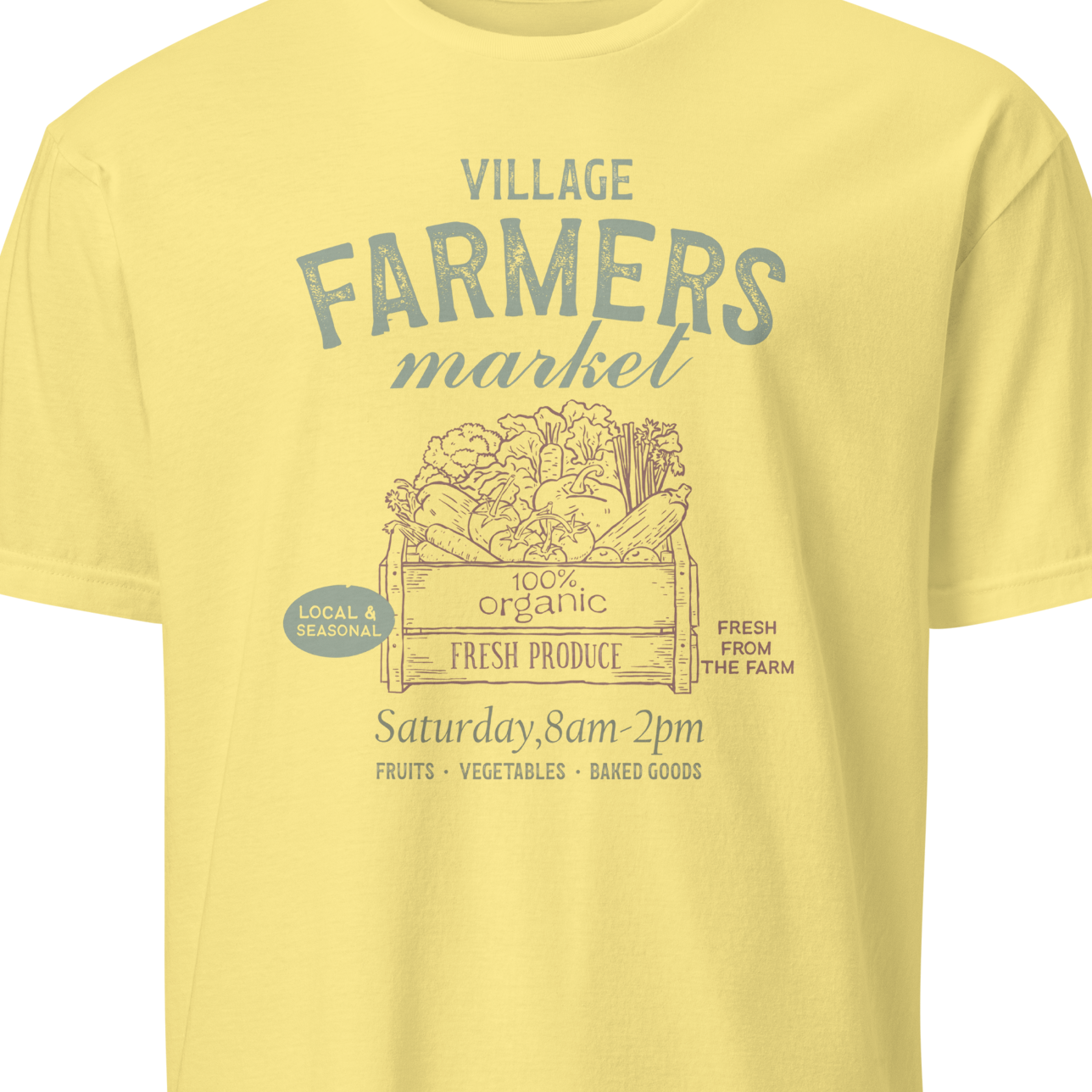 Yellow t-shirt with 'Village Farmers Market' graphic