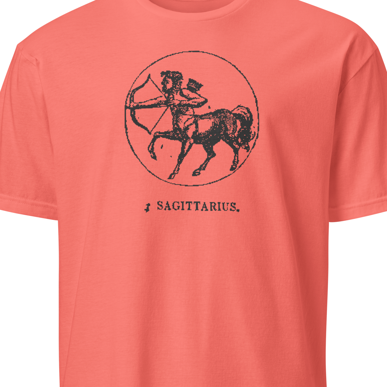 Coral t-shirt with black Sagittarius zodiac design