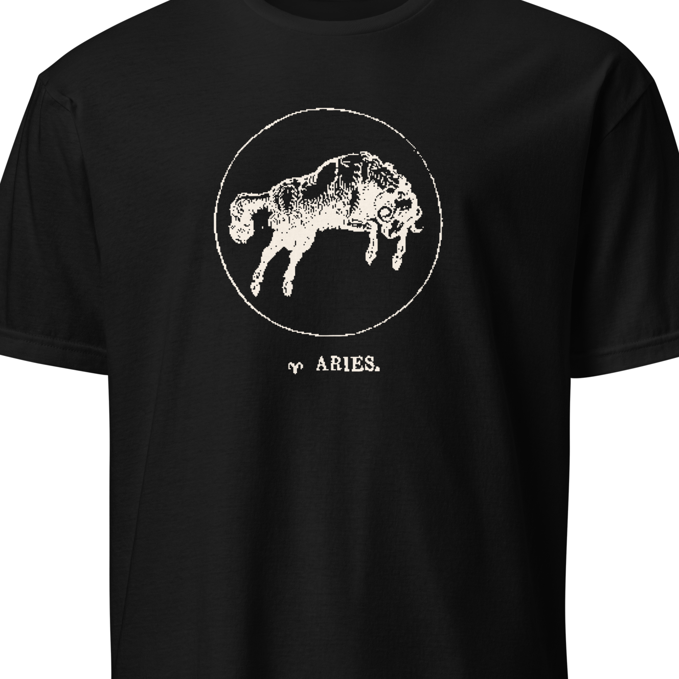 Black t-shirt with white Aries zodiac sign graphic on a white background