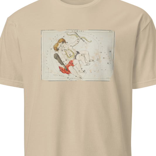 Beige t-shirt with a graphic design on a white background