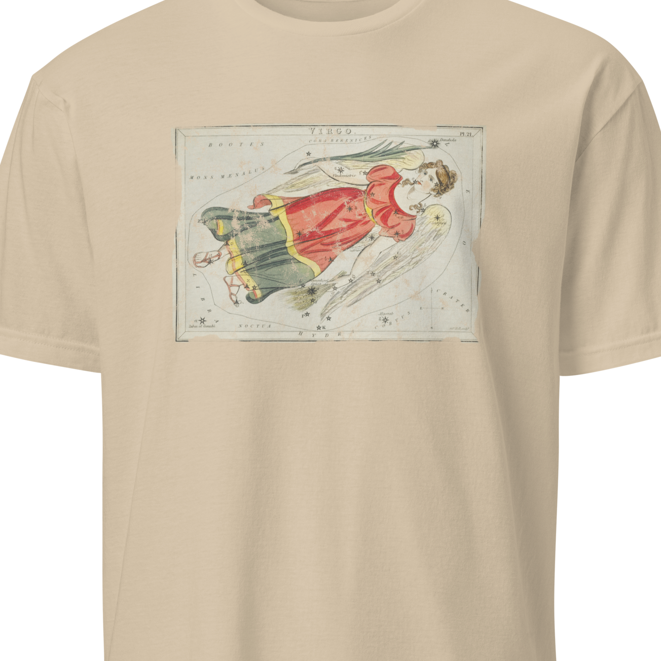 Beige t-shirt with a graphic of a woman in a dress on a white background