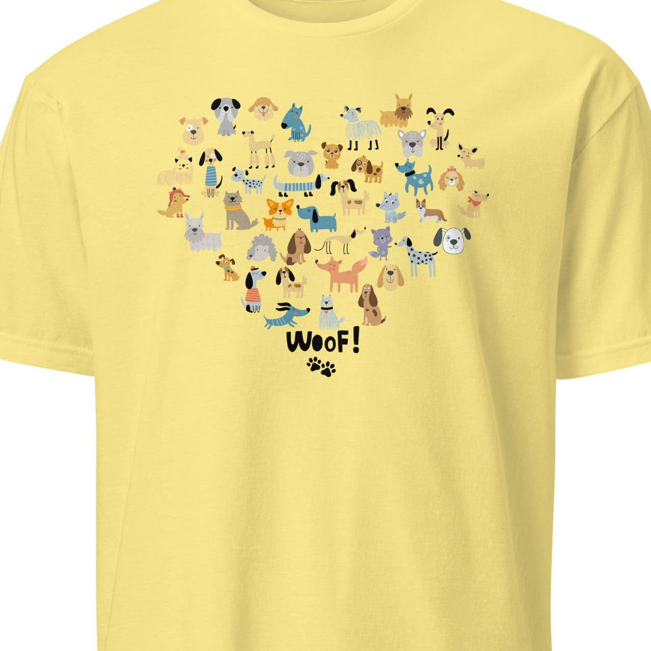 Yellow t-shirt with a heart-shaped design of dogs and the word 'Woof!'