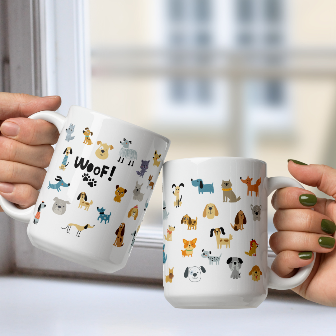 Two white mugs with dog illustrations and 'WOOF!' text held by two hands.