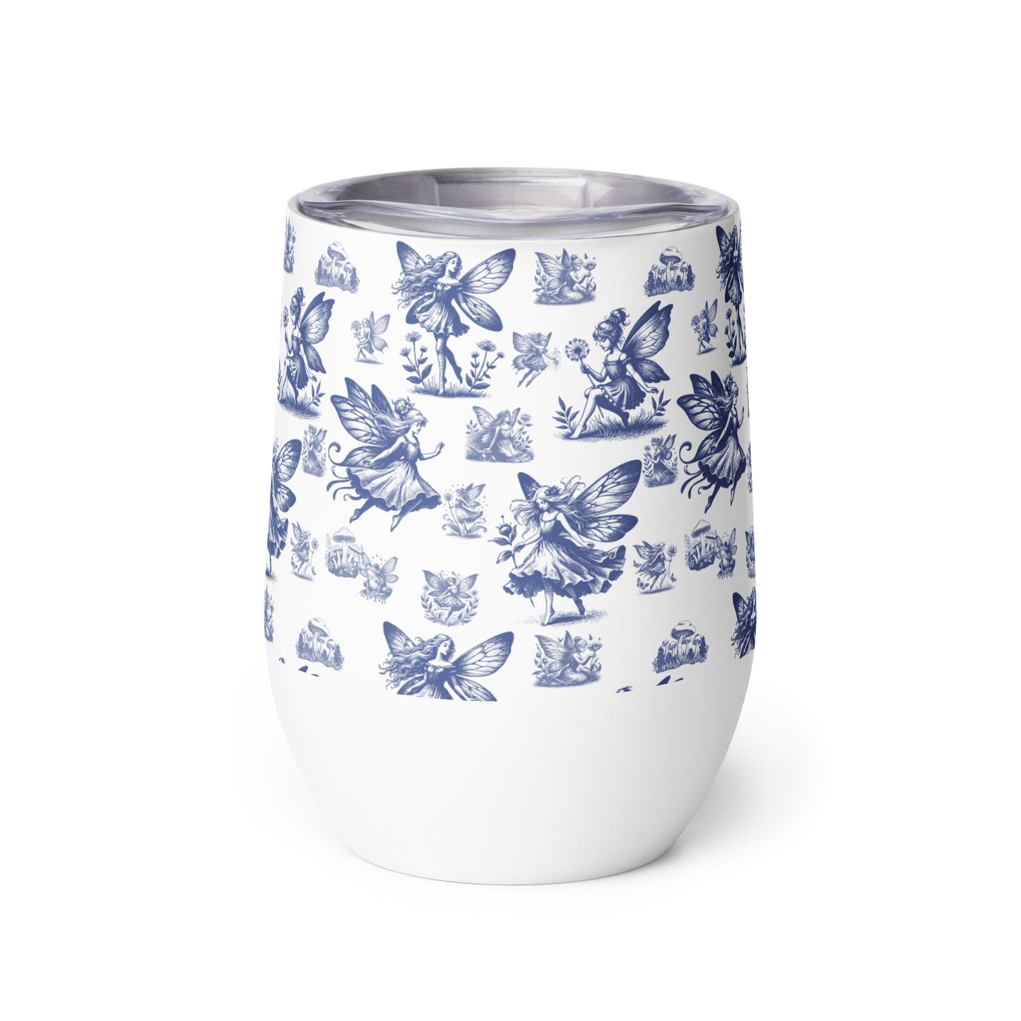 White tumbler with blue fairy and butterfly pattern on a white background