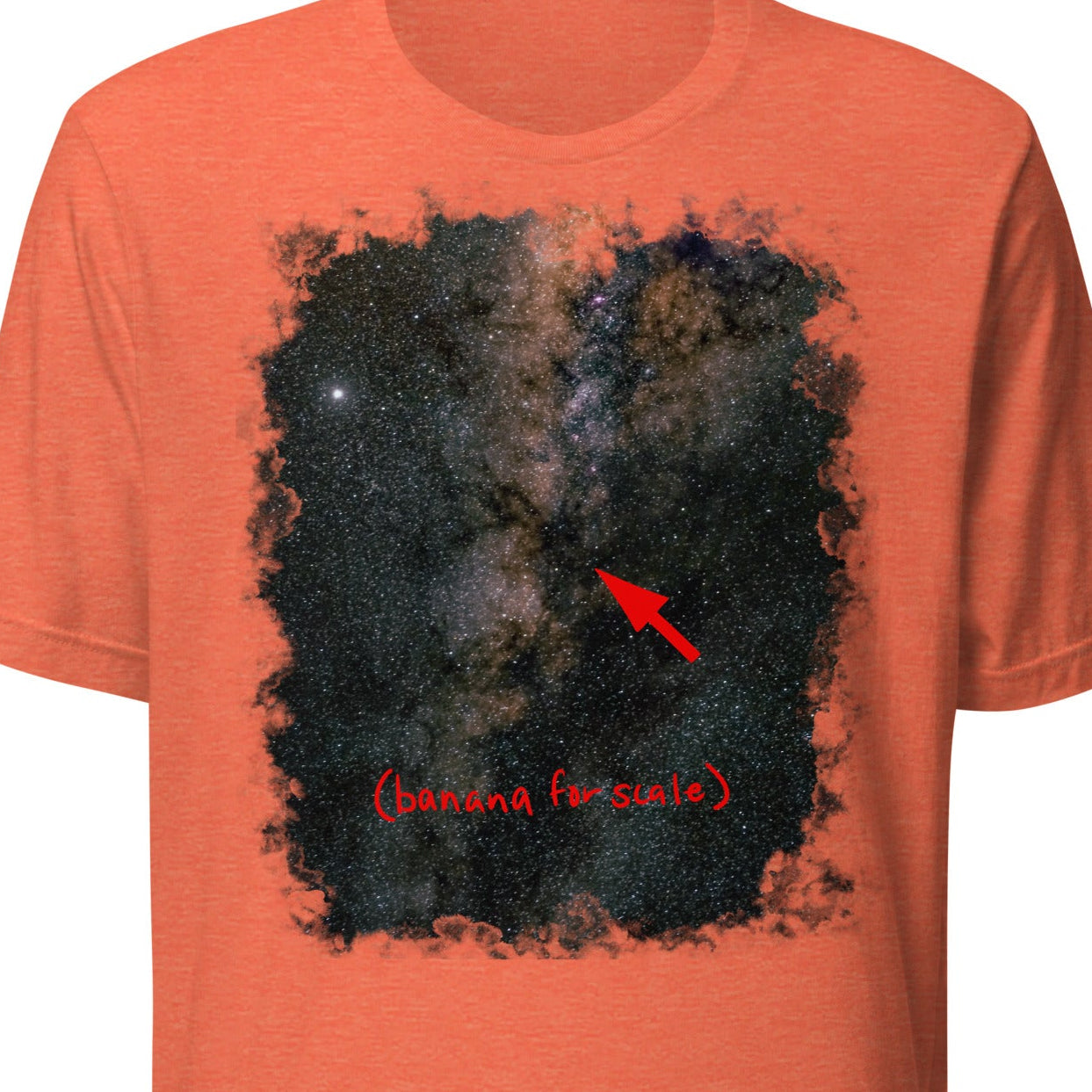 Orange t-shirt with a black abstract design and red text on a white background