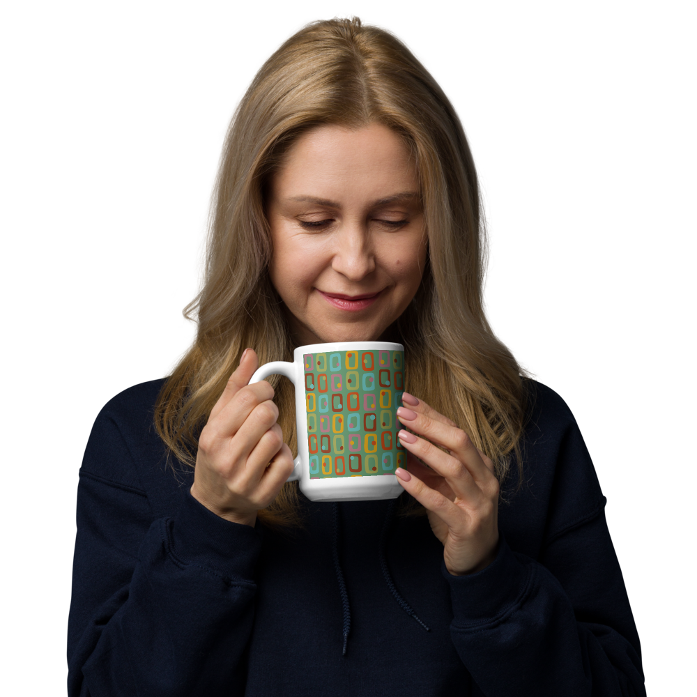 Retro Rectangles White Mug - Happy Hour