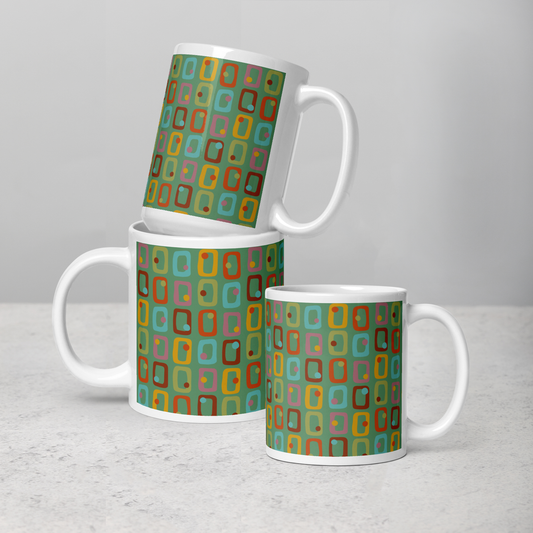 Retro Rectangles White Mug - Happy Hour