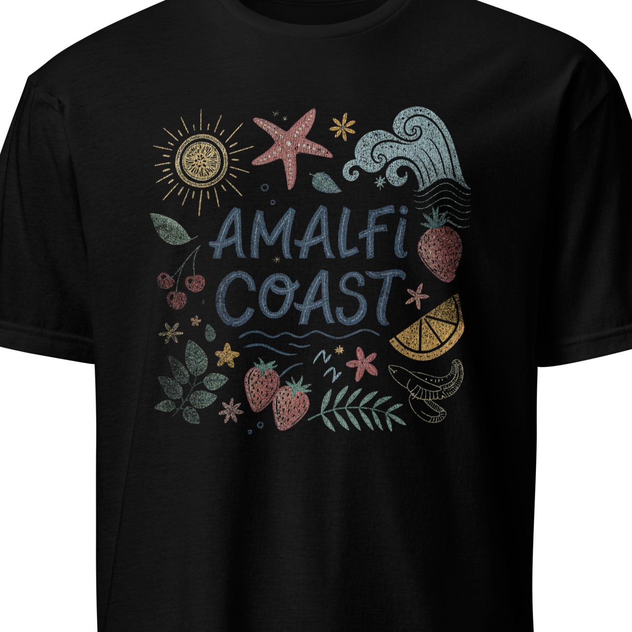 Black t-shirt with 'Amalfi Coast' design featuring sun, starfish, and waves