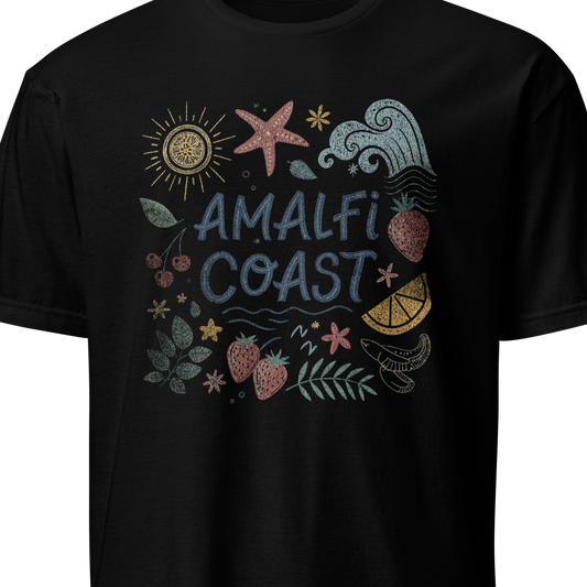 Black t-shirt with 'Amalfi Coast' design featuring sun, starfish, and waves