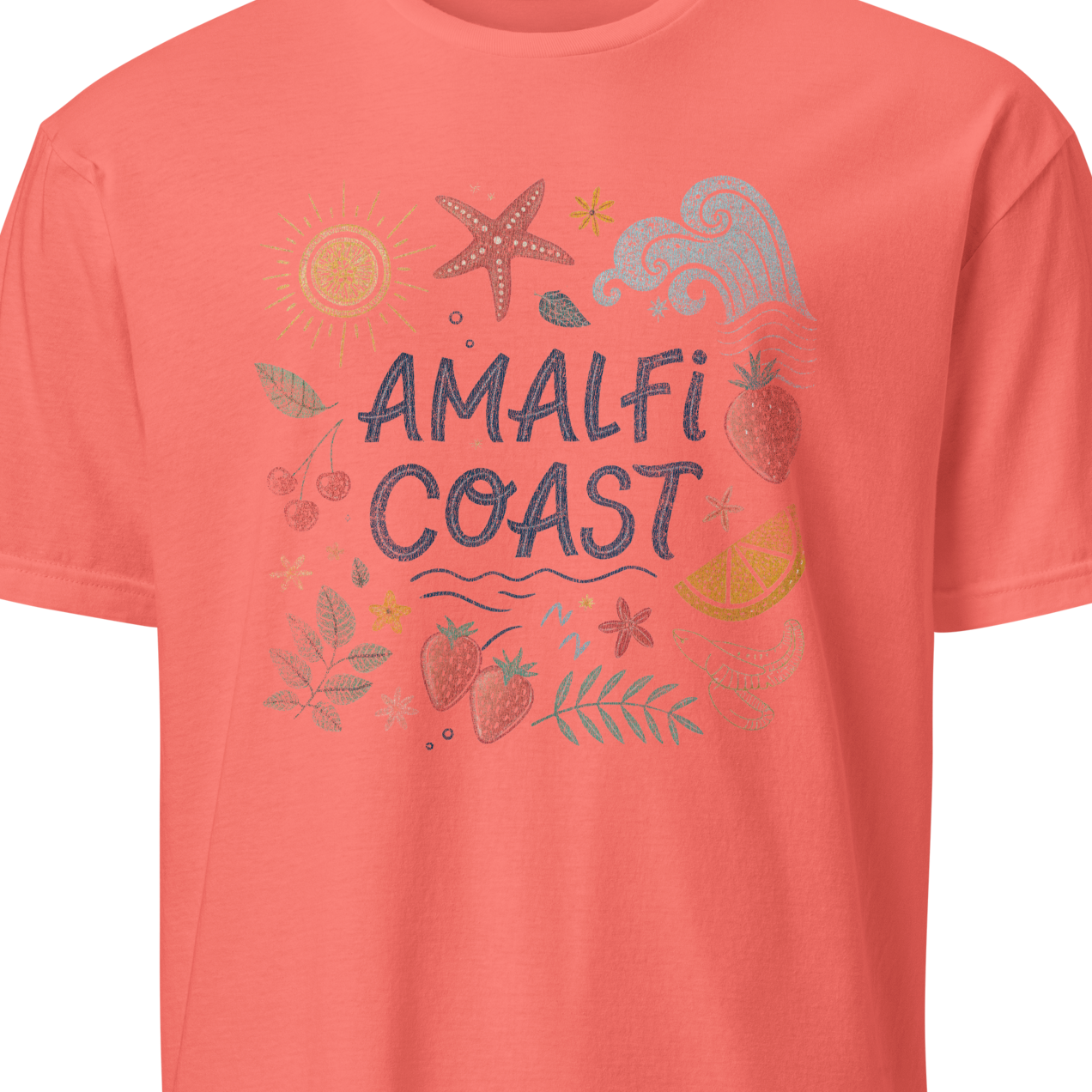 Coral t-shirt with 'Amalfi Coast' text and coastal graphics 
