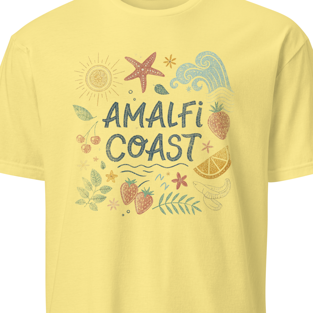 Yellow t-shirt with 'Amalfi Coast' design 